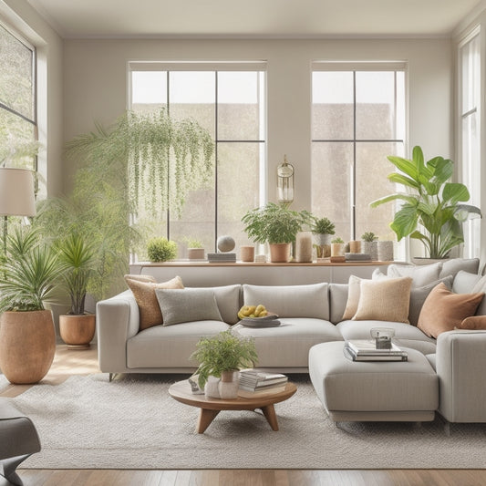 A serene, organized living room with a neutral color palette, plush sectional sofa, and a minimalist coffee table, surrounded by potted plants and floor-to-ceiling windows with natural light pouring in.