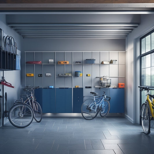 A sleek, modern garage with a futuristic rail system, featuring silver tracks mounted on walls, holding various storage bins, baskets, and hooks, with a few bicycles and tools suspended from the ceiling.