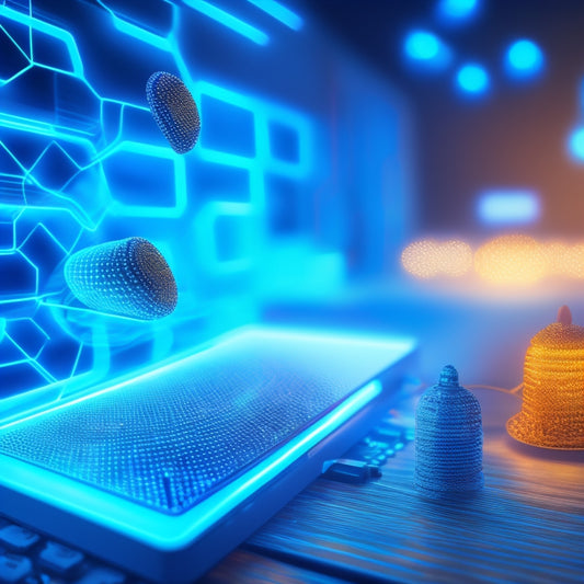 A futuristic, minimalist illustration depicting a stylized beehive with glowing blue circuits and wires, surrounded by orbiting digital tablets and laptops, with a subtle honeycomb pattern in the background.