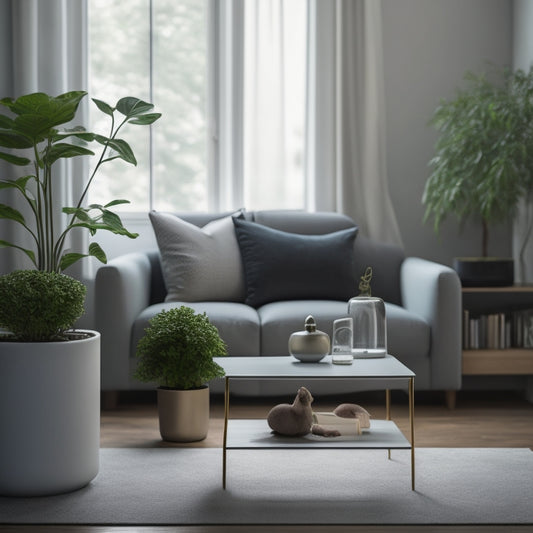 A serene, minimalist living room with a few, carefully chosen objects: a sleek vacuum, a label maker, a storage ottoman, and a small, potted plant on a tidy shelf.