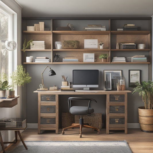 A tidy, well-lit home office with a sleek, wooden desk and a wall-mounted shelf system, featuring labeled folders, baskets, and a compact file organizer with neatly categorized documents.