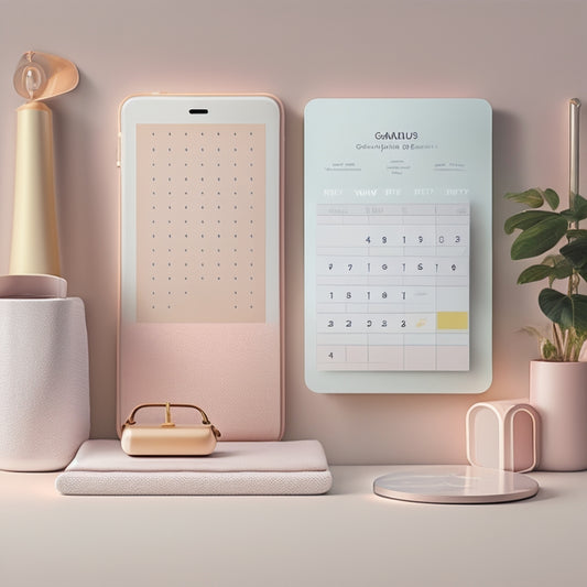 A minimalist illustration of a tidy home with a smartphone in the foreground, surrounded by subtle icons of calendars, folders, and lists, all in calming pastel colors and soft shapes.