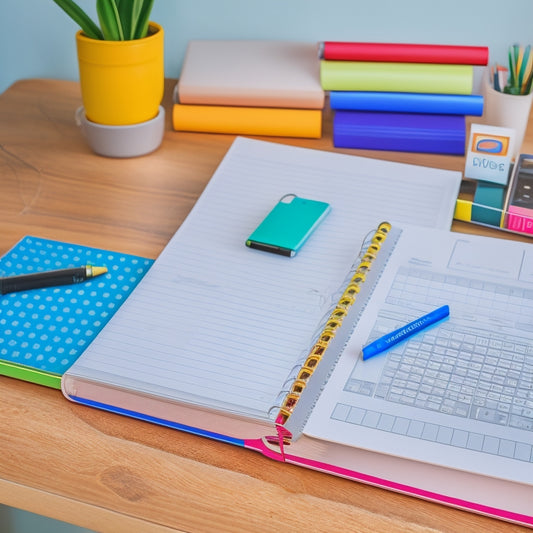 A tidy, minimalist desk with a closed laptop, a colorful planner with tabs and stickers, and a few neatly arranged pens and highlighters, set against a calming, light-wood background.