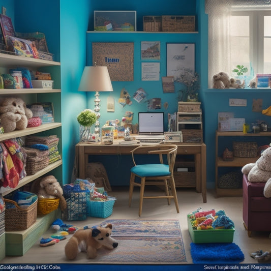 A cluttered, cramped room with toys, papers, and clothes scattered everywhere, transformed into a serene, organized space with labeled storage bins, a tidy desk, and a few, carefully chosen decorations.