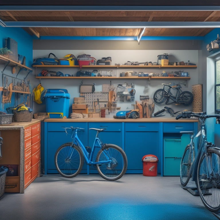 A cluttered garage with tools scattered on the floor, bikes leaning against walls, and boxes stacked haphazardly, transitioning into a tidy space with labeled bins, organized workbenches, and a sleek, modern pegboard.