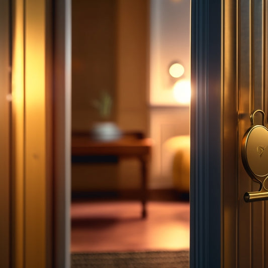 A golden key hovering above a modern door's keyhole, surrounded by a subtle glow, with a faint smartphone screen reflection in the door's window, and a blurred background of a cozy living room.