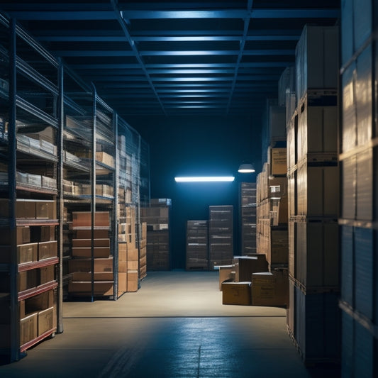 A dimly lit storage unit with neatly stacked moving boxes, labeled and color-coded, alongside shelves with labeled bins and a rolling ladder in the background, illuminated by a single overhead light.