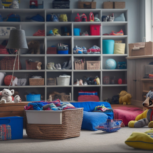 A cluttered living room with toys, shoes, and clothes scattered everywhere, contrasted with a tidy and organized space in the background featuring labeled storage bins and a sleek shelving unit.