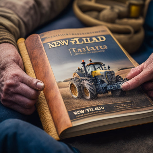 A close-up of a person's hands holding a worn, vintage New Holland tractor manual, with a faint smile and a subtle thumbs-up, surrounded by rustic, earthy tones and scattered farm tools.