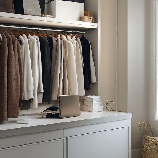A serene, minimalist closet with a few, stylishly arranged garments on a sleek, wooden shelf, and a tablet or smartphone on a nearby pedestal, displaying a closet organization app.
