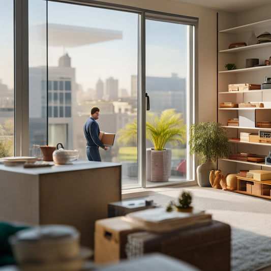 A tidy, modern living room with a few stacked, transparent storage bins of varying sizes, a delivery person in the background holding a clipboard, and a subtle cityscape outside the window.