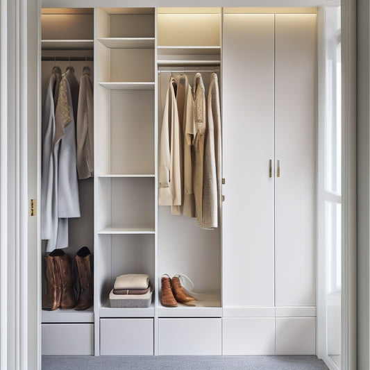A minimalist, white-walled coat closet with a slender, floor-to-ceiling shelving unit featuring five narrow, staggered shelves in a mix of wooden and metallic materials.