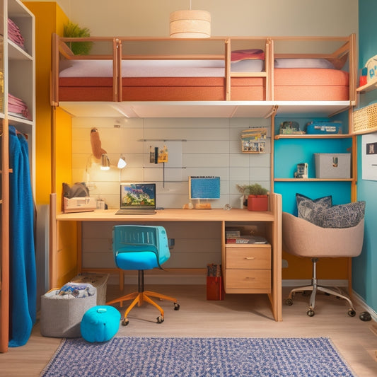 A clutter-free dorm room with a lofted bed, storage bins under the bed, a compact desk with a built-in shelf, and a pegboard on the wall with hanging organizers.