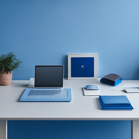 A minimalist desk with a sleek laptop, a tidy cord organizer, and a few strategically placed folders, surrounded by a subtle background of calming blue tones, evoking a sense of serenity and control.