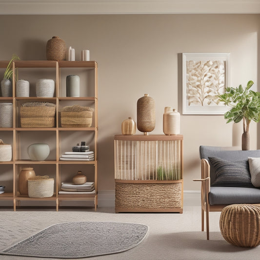 A serene, well-lit living room with a sleek, modular shelving unit in the background, holding a mix of woven baskets, transparent storage bins, and decorative ceramic vases.