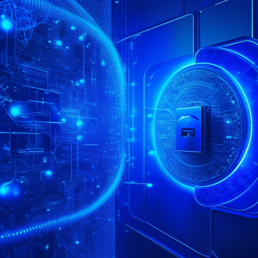 A futuristic, dark blue background with glowing, interconnected nodes and swirling lines, featuring a central, 3D padlock surrounded by orbiting digital files and folders.