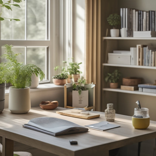 A serene, light-filled room with a few, carefully placed possessions, a tidy desk, a minimalist bookshelf, and a calm, organized workspace, surrounded by soft, natural light and subtle greenery.