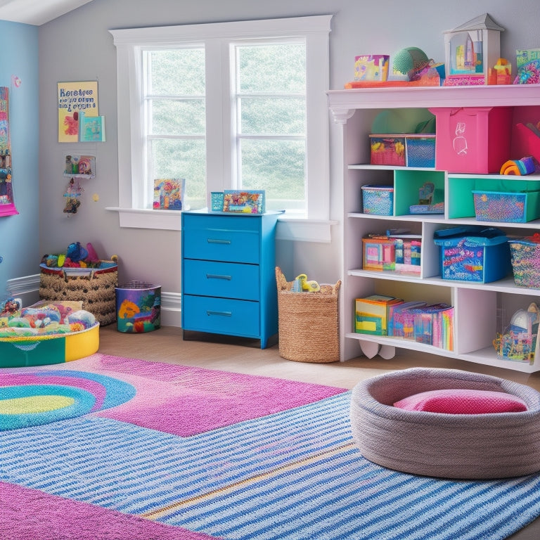 A bright, clutter-free playroom with a rainbow-colored rug, toy bins with labeled pictures, a bookshelf with baskets, and a DIY chalkboard wall with colorful drawings.