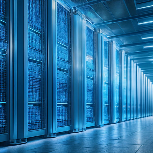 A futuristic, high-tech data center with rows of sleek, silver servers, humming with blue LED lights, surrounded by transparent glass walls and a mesh of glowing, fiber-optic cables.