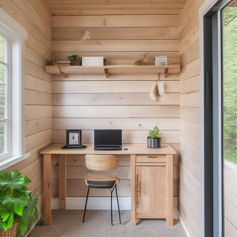 A clutter-free, minimalist tiny home interior with a laptop and a handful of organized storage devices, such as portable hard drives, USB sticks, and a cloud storage symbol etched on a wooden wall.