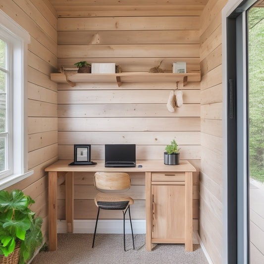 A clutter-free, minimalist tiny home interior with a laptop and a handful of organized storage devices, such as portable hard drives, USB sticks, and a cloud storage symbol etched on a wooden wall.