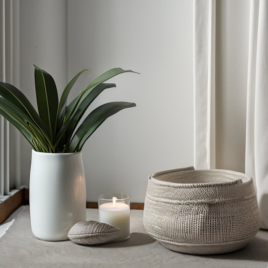 A serene, minimalist room with a few, carefully-placed, calming objects: a small, white candle, a potted peace lily, and a tidy, woven basket, set against a soft, creamy background.