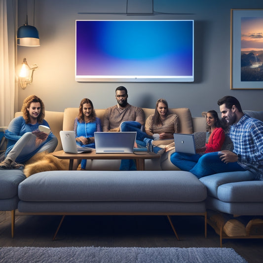 An illustration of a person sitting comfortably on a couch, surrounded by devices (laptop, smartphone, tablet, and smart TV) with Wi-Fi signals emanating from a router, forming a seamless connection.