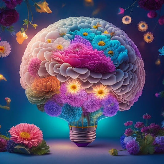 A vibrant, whimsical illustration of a human brain surrounded by blooming flowers, sparkling lightbulbs, and swirling clouds, with colorful, intricate mind maps unfolding from the brain like tendrils.