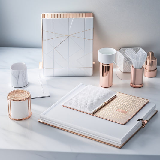 A minimalist, modern desk with a chic organizer pattern, featuring a sleek, rose-gold metal tray, a marble-white pen holder, and a geometric-patterned notebook, set against a soft, creamy background.