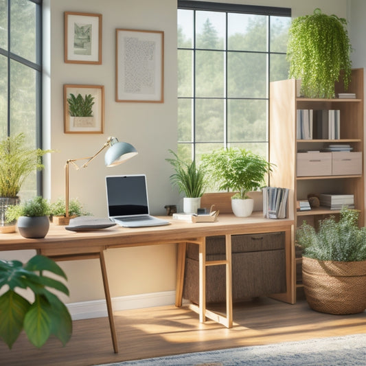 A tidy, modern home office with a wooden desk, a laptop, and a few neatly labeled file folders organized in a upright file organizer, surrounded by calming plants and natural light.