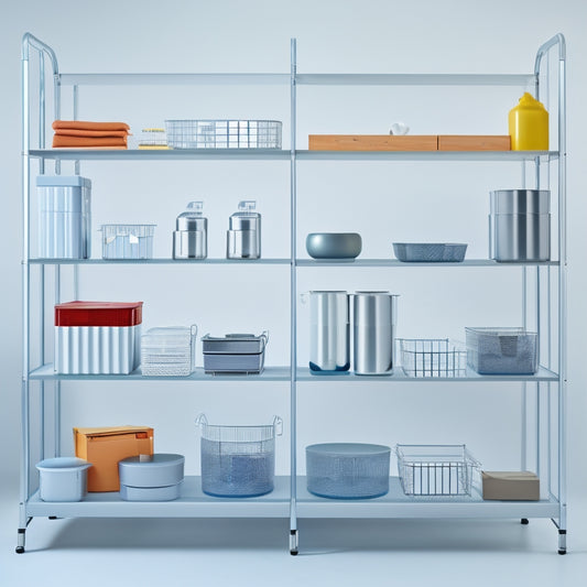 A modern, sleek, silver high rack with multiple tiers, standing against a clean, white background, with various storage bins and boxes of different shapes and sizes stacked neatly on each shelf.