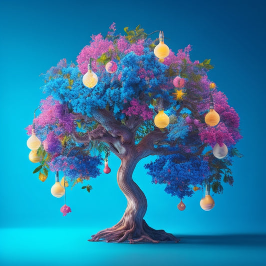 A vibrant, blooming tree with colorful, swirling branches and roots, surrounded by floating lightbulbs, gears, and puzzle pieces, set against a bright, gradient blue background.