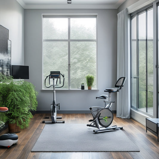 A modern home gym with a sleek, silver exercise bike, a large, wall-mounted mirror, and a minimalist wooden desk with a laptop and wireless earbuds, surrounded by clean lines and minimal clutter.