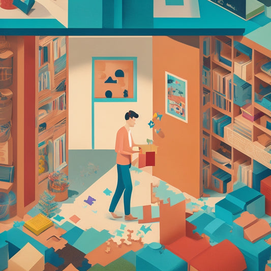A colorful, minimalist illustration depicting a person standing in front of a cluttered room, with puzzle pieces and arrows emerging from the chaos, slowly forming a organized, simplified space in the background.