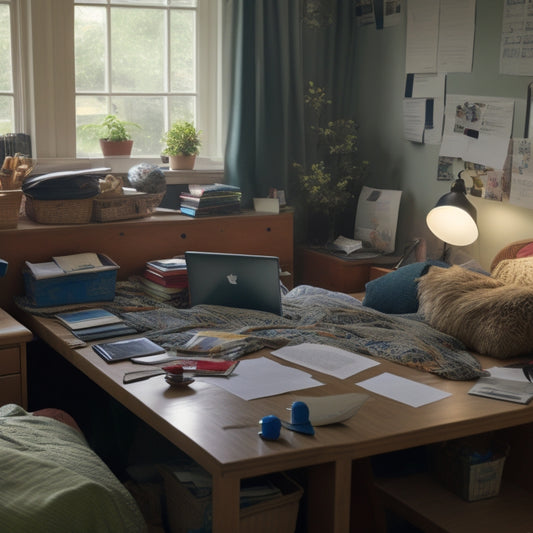 A cluttered college dorm room with papers, notes, and laptops scattered everywhere, contrasted with a tidy digital calendar and organized virtual file folders on a tablet screen in the center.