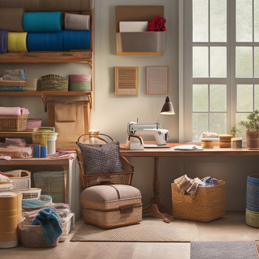 A serene, well-lit workspace with a sewing machine, threads of various colors, and fabric scraps, surrounded by neatly labeled baskets, a calendar, and a few carefully folded, handmade storage bins.