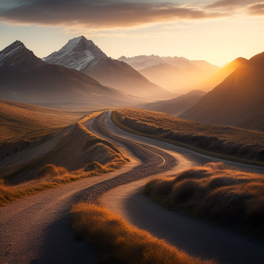 A serene landscape with a winding path, leading to a mountain peak at dawn, with a solitary figure in the distance, symbolizing personal growth and triumph, amidst a backdrop of warm, golden light.