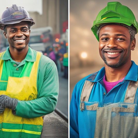 A colorful illustration of a smiling trash collector standing in front of a split-screen background: a cluttered, polluted cityscape on one side and a clean, green recycling facility on the other.