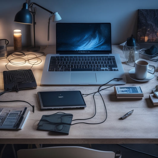 A cluttered desktop with scattered papers, broken pens, and a tangled cord mess transforms into a tidy, minimalist workspace with a sleek laptop, a few select folders, and a single, glowing cable.