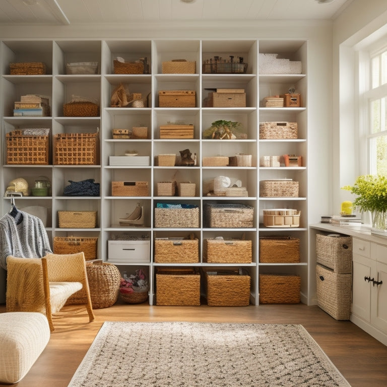 A clutter-free, well-organized room with floor-to-ceiling shelves, stacked crates, and hanging storage units, showcasing a mix of decorative storage bins, baskets, and transparent containers.