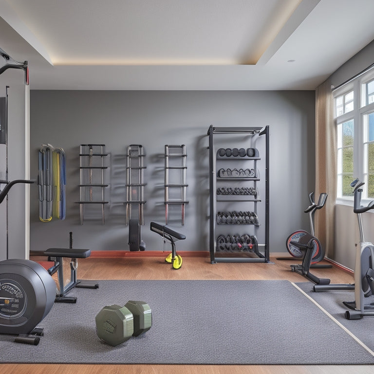 A clutter-free home gym with a mirrored wall, grey flooring, and a compact exercise bike folded against the wall, surrounded by stacked resistance bands, a wall-mounted pull-up bar, and a few neatly arranged dumbbells.