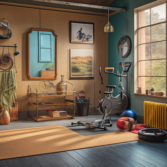 A clutter-free, naturally lit room with a mirrored wall, showcasing a mix of second-hand and DIY equipment, including a repurposed crate as a bench, a hanging resistance band, and a vintage exercise bike.
