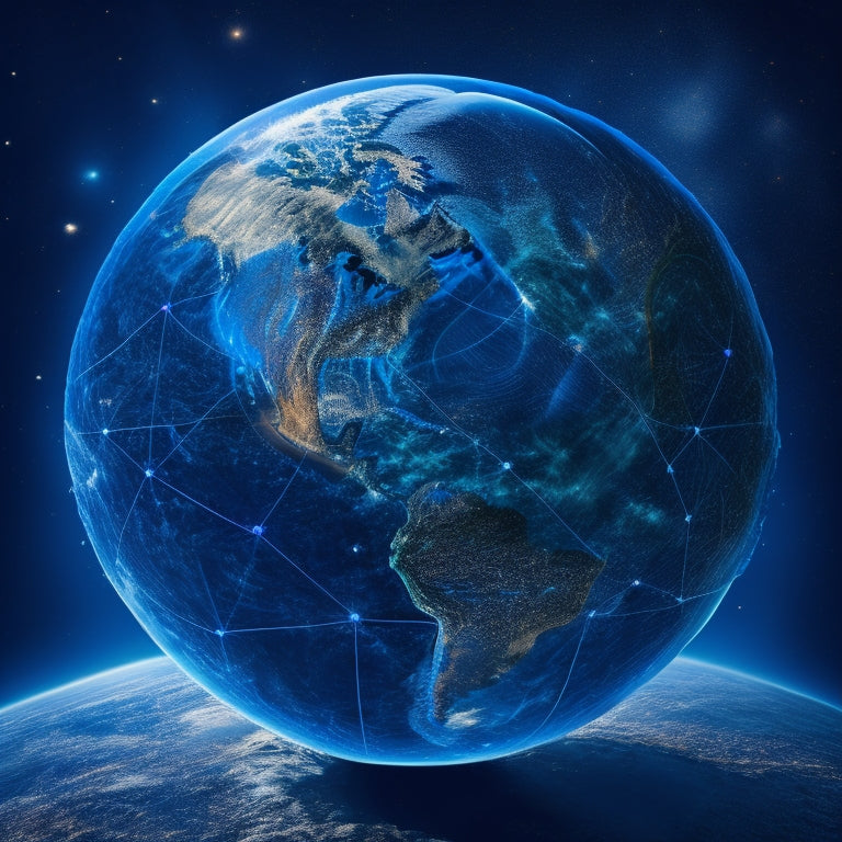 An illustration of the Earth from space with glowing blue lines and nodes connecting continents, surrounded by orbiting icons of people, gears, and leaves, symbolizing global unity and sustainable development.