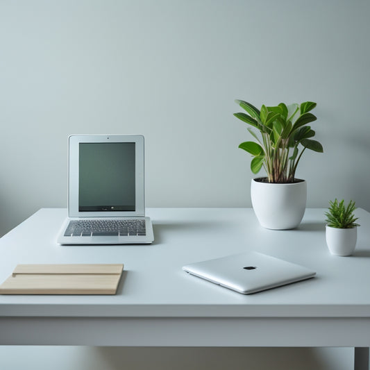 A minimalist desk with a sleek, silver laptop, a small, organized tray of paper clips, and a single, thriving green plant in the corner, set against a calming, light-gray background.