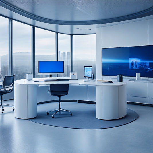 A futuristic, sleek, and modern office space with a large, curved screen displaying a virtual file cabinet, surrounded by minimalistic desks and ergonomic chairs, with subtle hints of blue and white hues.