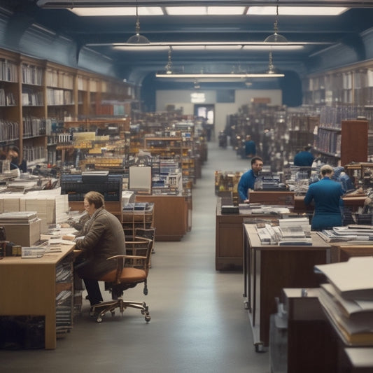 A bustling library with a large, central printing station featuring various devices, including a 3D printer, laser engraver, and binding machine, surrounded by shelves of paper and supplies.