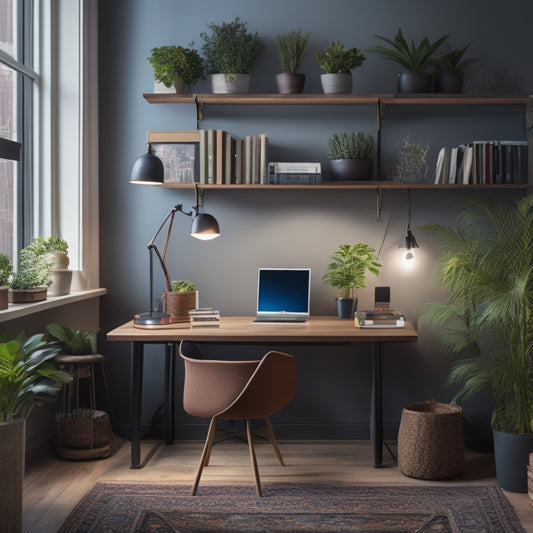 A well-lit, organized desk with a sleek laptop, a few choice books, and a small potted plant, surrounded by a comfortable, ergonomic chair and a floor-to-ceiling shelving unit.