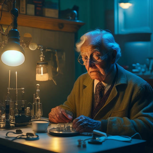 An elderly person sitting in a dimly lit room, surrounded by medical equipment, with a concerned expression, amidst dark shadows cast by a few faintly glowing candles.