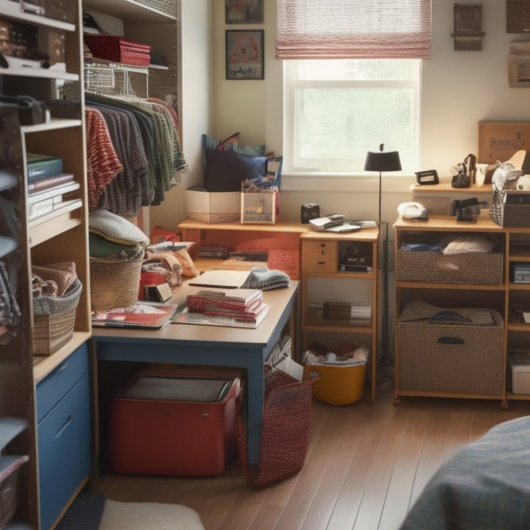 A cluttered college dorm room with scattered books, clothes, and electronics, contrasted with a tidy shelf and desk utilizing stackable bins, baskets, and a compact refrigerator.