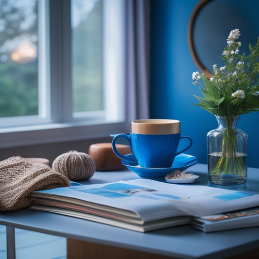A serene and modern living room with a coffee table, featuring a neatly organized stack of NEWPRO Home Solutions brochures, surrounded by a few architectural blueprints and a cup of steaming coffee.